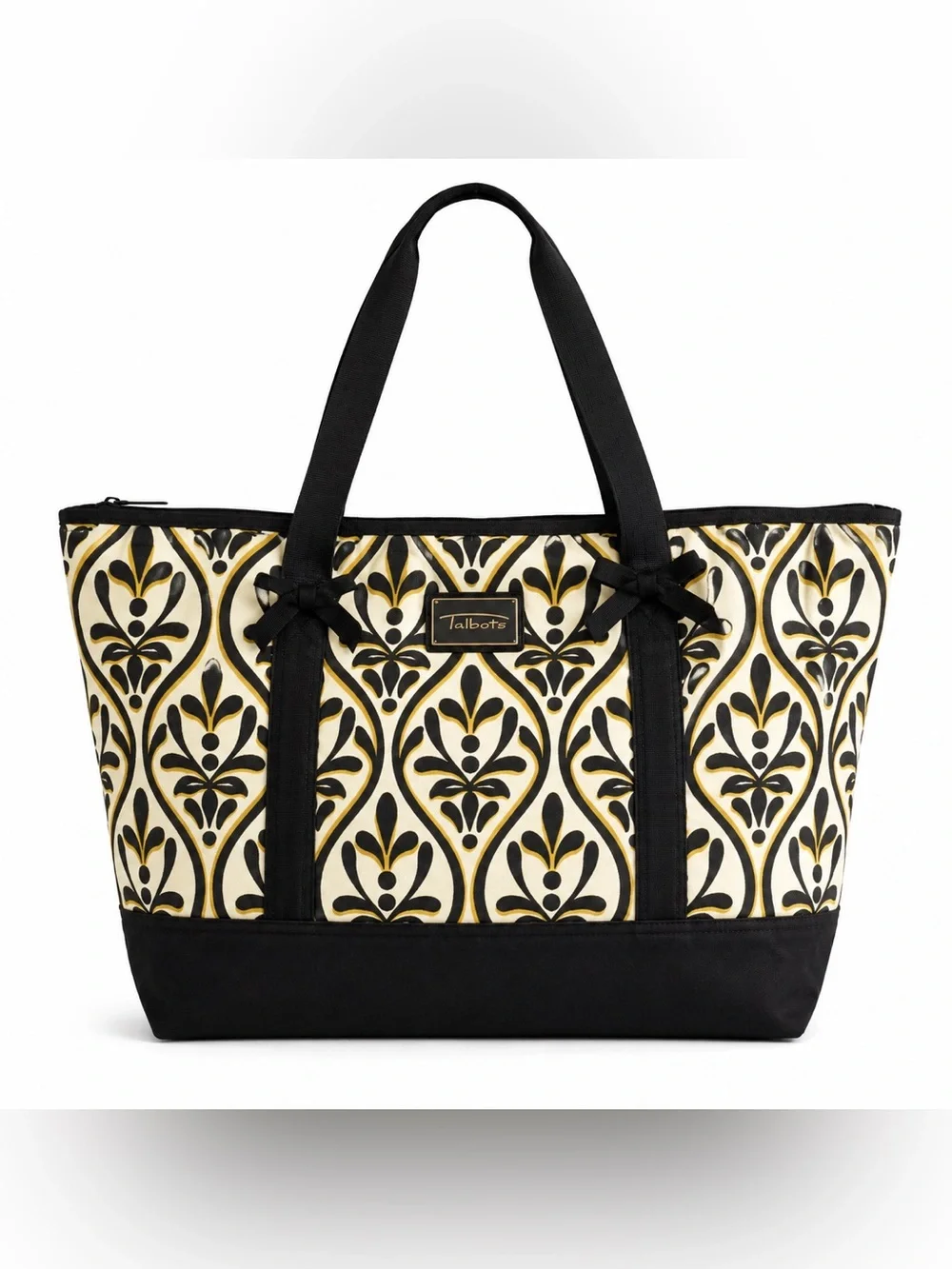 Talbots Black Cream Damask Print Tote Bag Structured Zip Top Purse